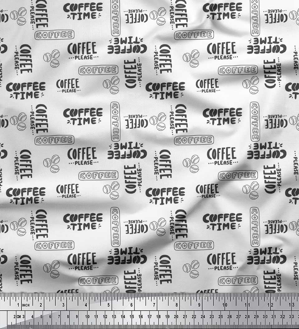 Soimoi White Cotton Cambric Fabric Coffee Time Text Print Fabric by the Yard 42 Inch Wide