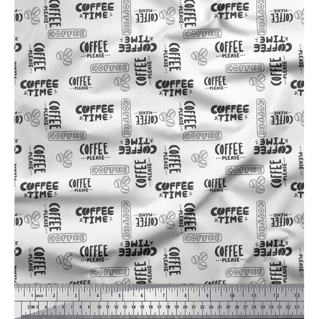 Soimoi White Poly Georgette Fabric Coffee Time Text Print Sewing Fabric Yard 42 Inch Wide
