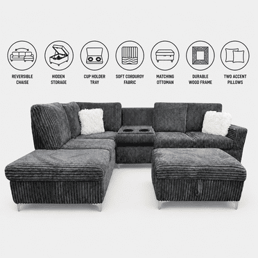 Cosmic Homes Scott Reversible Sectional Sofa Set with Storage Chaise, Drop-Down Tray & Ottoman Grey
