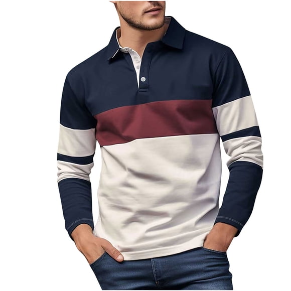 Fengqque Men's Fashion Polo Shirts Long Sleeve Casual Slim Fit Color Block Polo Shirts for Men Navy XXXXL(XXXXL)