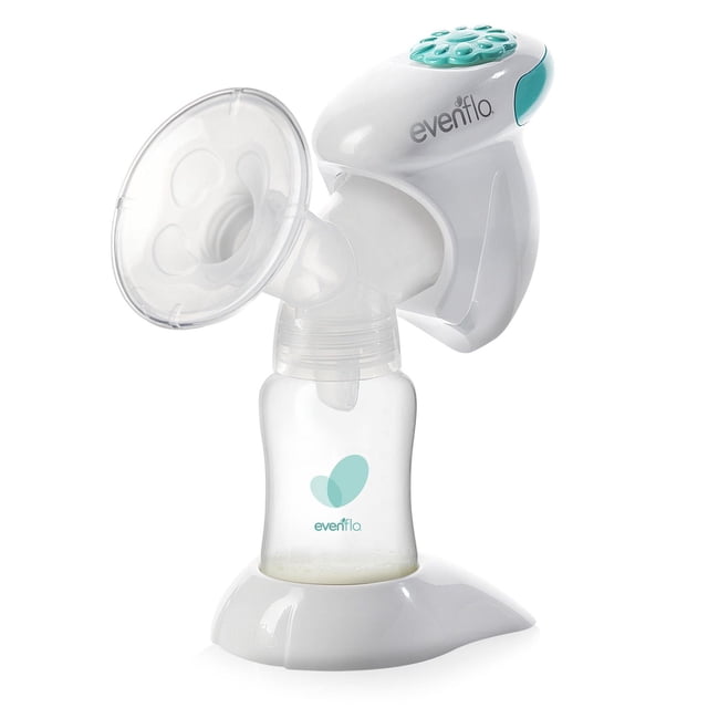 Evenflo Feeding Advanced Single Electric Breast Pump with white and teal motor unit attached to a clear plastic flange and transparent milk collection bottle on a white base, featuring a closed system design and adjustable suction control for convenient breastfeeding.