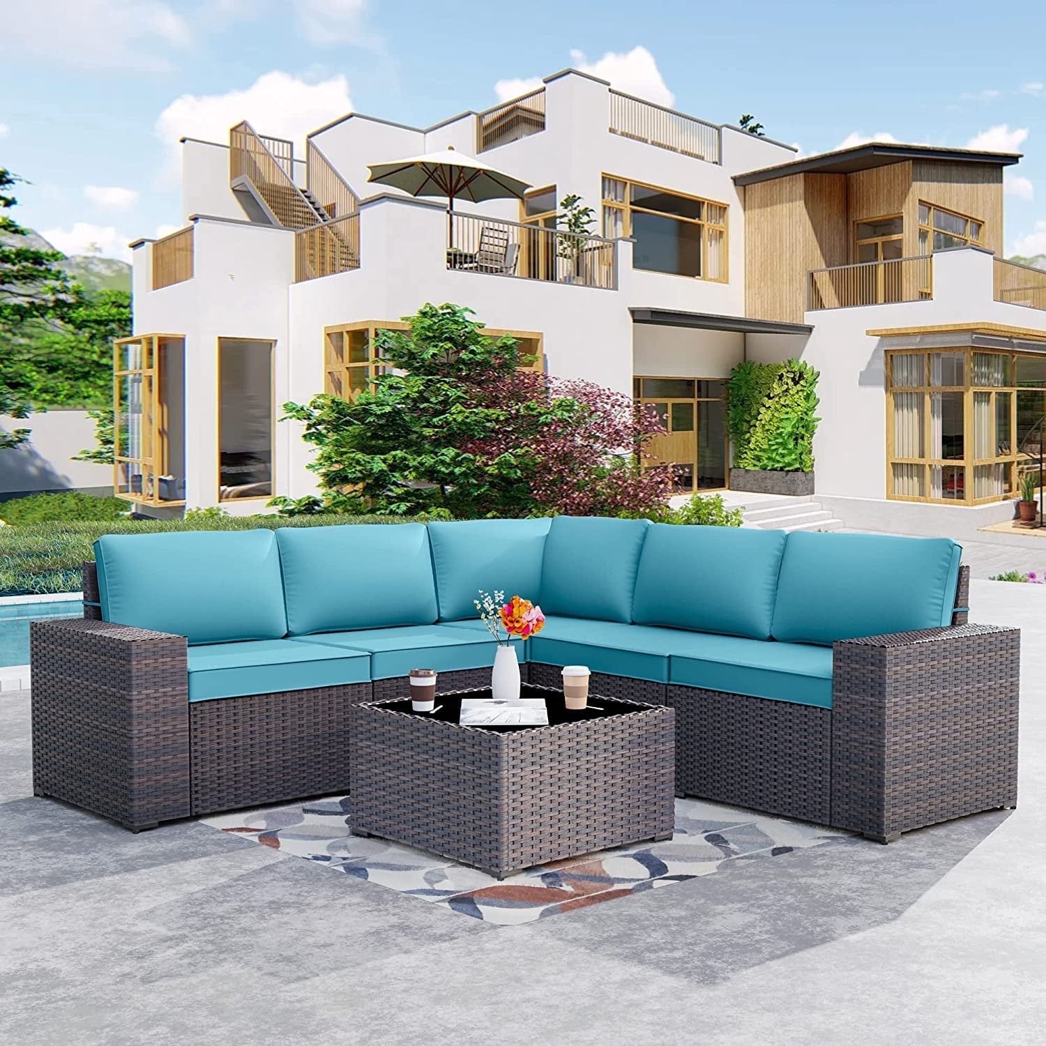 Kullavik 6 Pieces Patio Furniture Sets All Weather Outdoor Sectional Sofa Manual Weaving Wicker Rattan Patio Conversation Set with Cushion and Glass Table (Blue)