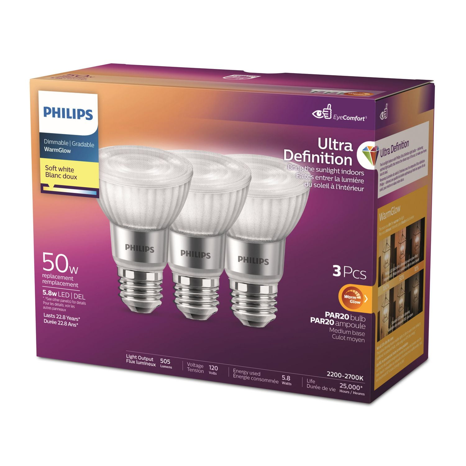 PHILIPS Ampoules LED PAR20, 5,5 W, 50 W, culot moyen, blanc doux, lueur chaude, ultra haute définition, à intensité variable, paquet de 3