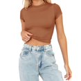 thumbnail image 2 of JIRNDf Hauts pour Femmes T-Shirts d'Été Tendance Mode Manches Courtes Mignon Court Basique Col Rond Coupe Ajustée Blouse pour Femmes Tunique Décontractée Hauts Brun m, 2 of 5
