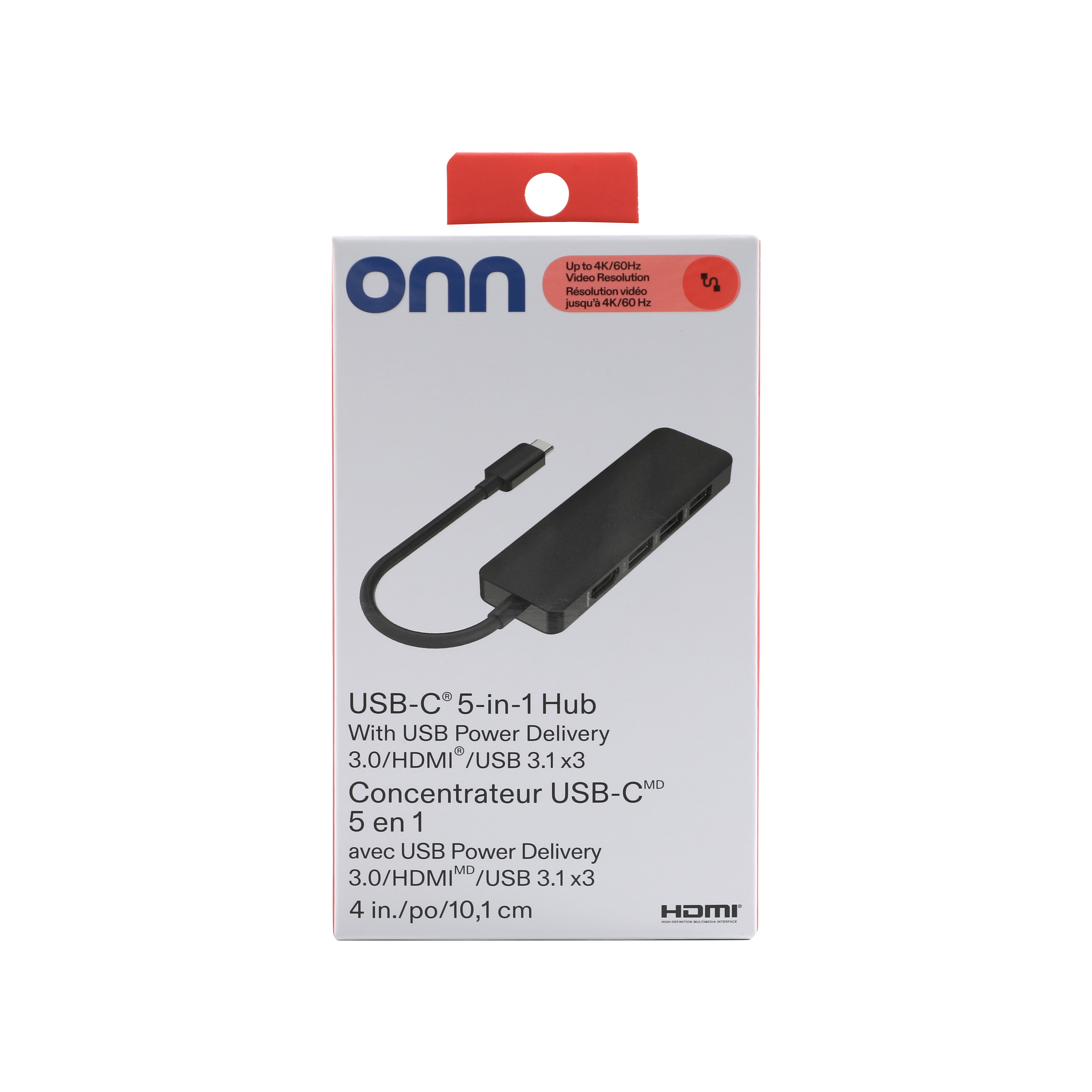 Onn 5-in-1 Hub with USC-C 3.0 port, HDMI Port, 3 USB 3.1 Ports & USB Power Delivery - Black