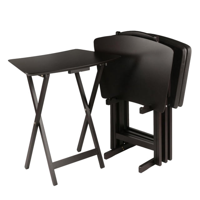 Winsome Anila Ensemble de 5 Pcs Table à Collation en Forme d'Éventail Fini Café avec une Table Dépliée Montrant un Plateau en Forme d'Éventail et Quatre tables Pliées sur une Étagère de Rangement, Fait de Bois Massif et composite dans une Finition Café Profonde, Convient aux Meubles de Cuisine et de Salle à Manger Pliants.