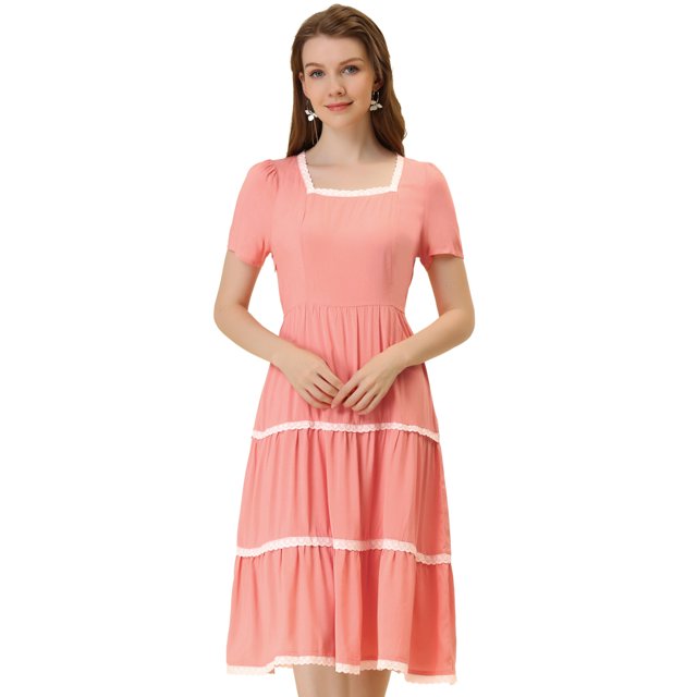 INSPIRE CHIC Robe Midi à Étages pour Femme à Encolure Carrée, Manches Courtes, Garniture en Dentelle, Rose, m
