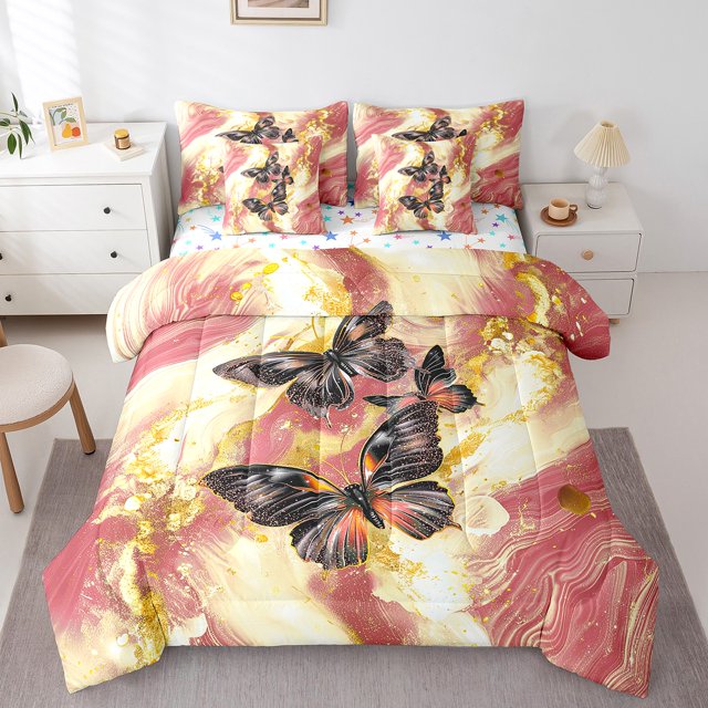 Red Marble Bed in a Bag Queen Comforter Set 7 Piece Black Butterfly Bedding Sets,Beige Marbling Sheet Set Abstract Ombre Ink Fluid Art Bed Set,Rustic Animal Dreamy Butterflies Room Decor