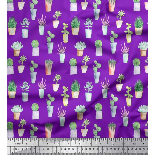 Soimoi Violet Moss Tissu Georgette Tissu Imprimé Feuilles de Cactus au Mètre 42 Pouces de Large