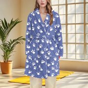Women Warm Flannel Robe Short Fuzzy Fleece Cute Printed Winter Robes Teens Soft Loungewear Nightgown with Pockets Blue M