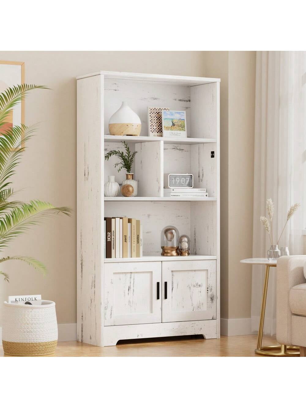 Ourlova 3-Tier Bookshelf - 57.8'' Tall Wooden Bookcase Display Racks Open Storage Shelf. Unique Book Rack. Large Modern Book Shelf For Bedroom. Living Room. Office - White