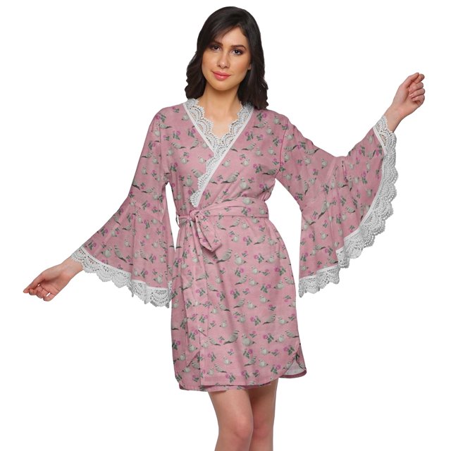 Moomaya Peignoir en Coton pour Femmes Robe de Chambre Imprimée Courte Peignoir de Douche Nuptiale