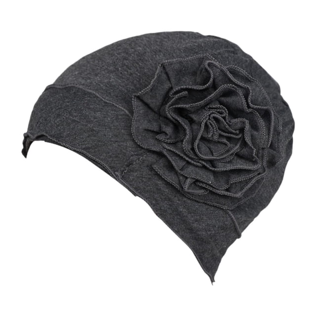 Abbracc For Ladies Solid Elastic Flower Hat Turban Chemo Cancer Hair Loss Cap Head Wrap dark grey