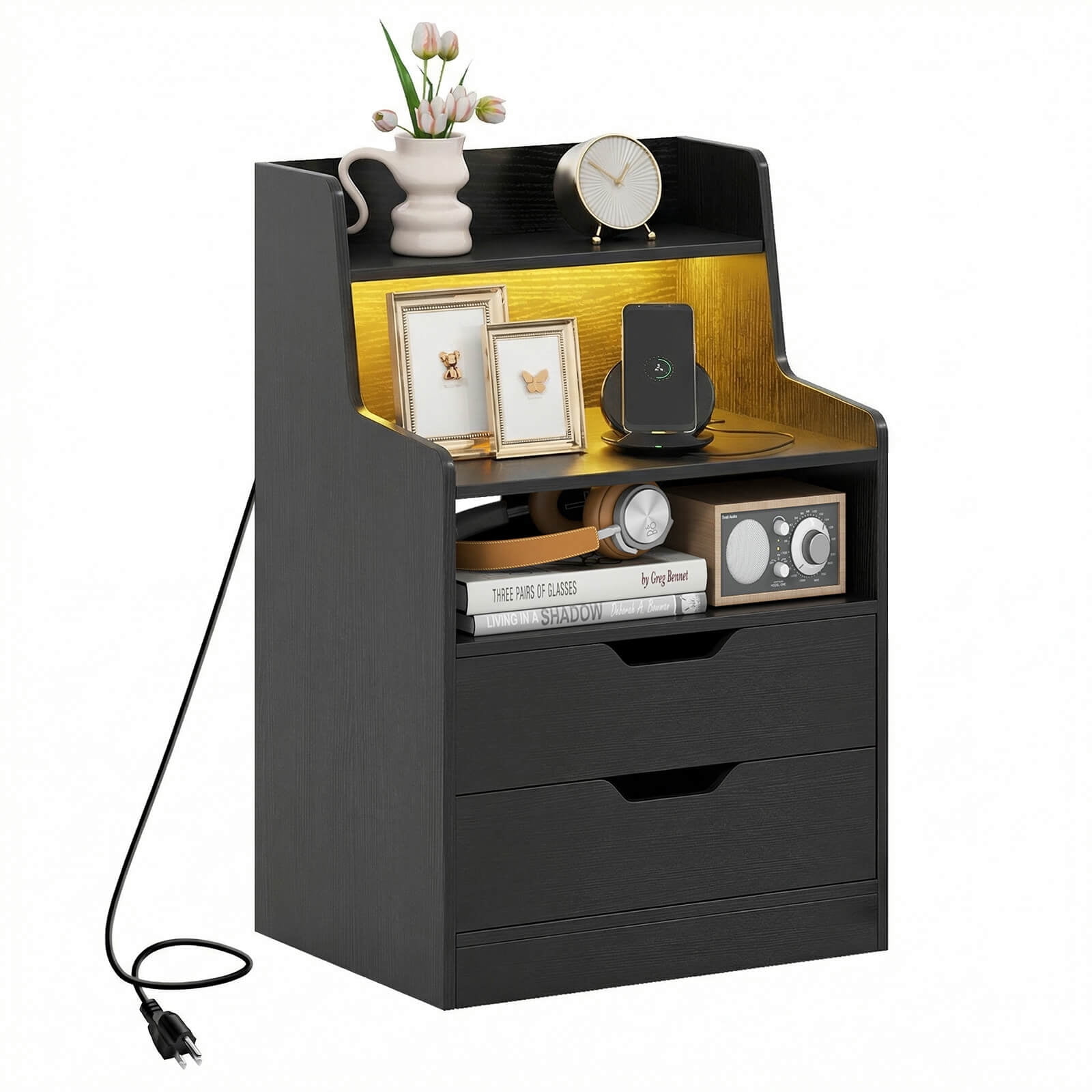 Costway Nightstand with Charging Station, LED Bedside Table with 2 Storage Drawers & Shelves Black