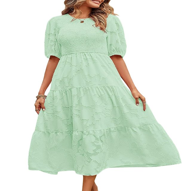 EIMELI Femmes Été Soufflé Manches Robe Smoked Floral en Vrac Robe Haute Taille Dentelle Floral Étagé Midi Robe Bleu Ciel XL