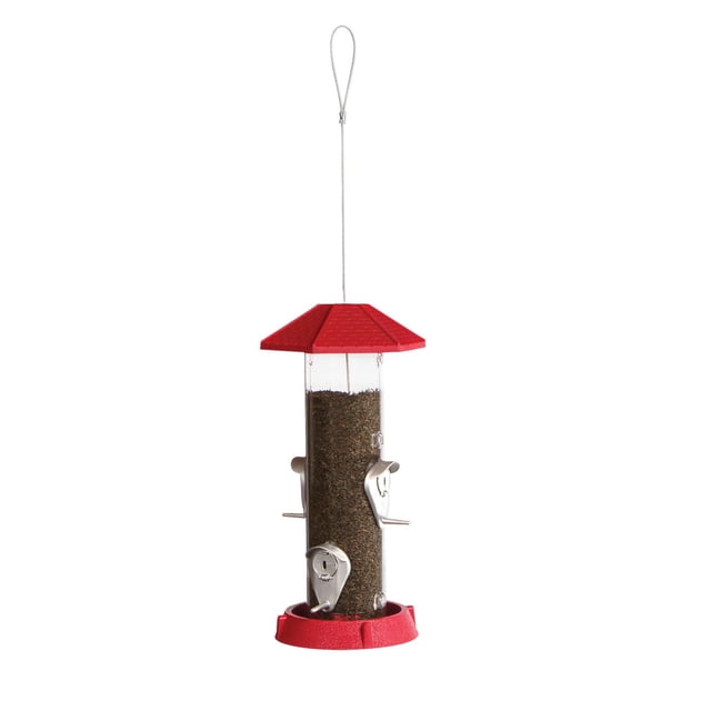 North States 2-in-1 Hinged-Port Birdfeeder 4-Perch with a clear plastic seed tube holding 1.5 lbs of seed, red raised shingle roof, red textured seed tray base, four metal hinged feeding ports with perches, and a squirrel-proof hanging cable, suitable for feeding thistle or wild bird seed.