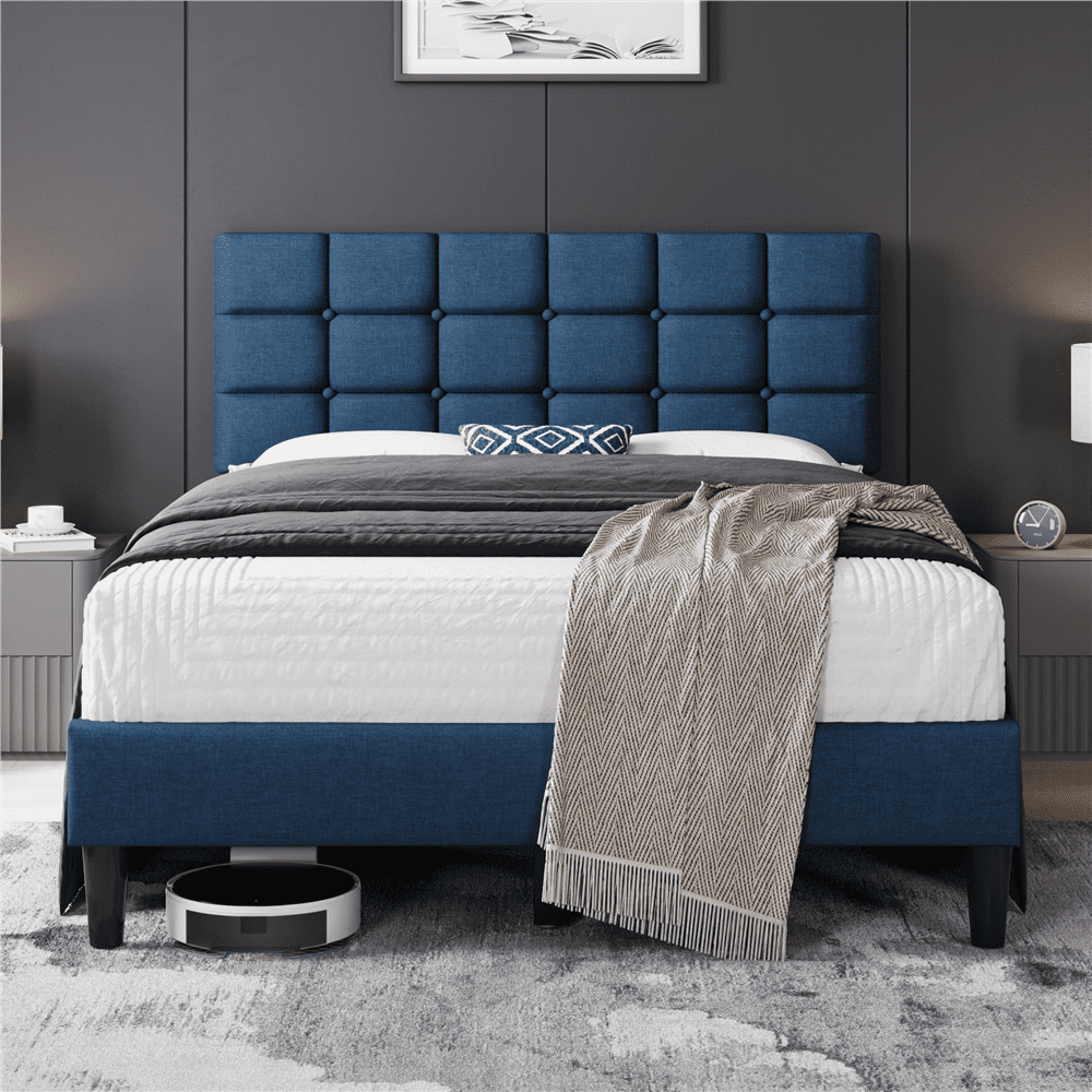 FullFurnique Cadre de Lit Capitonné avec Tête de Lit à Capitonnage Carré, Queen, Bleu marine