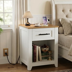 Farmhouse Nightstand with Charging Station, 1 Drawer Bedside Table with USB Type-c and AC Outlets, MDF End Table with Open Storage Shelf for Bedroom Living Room