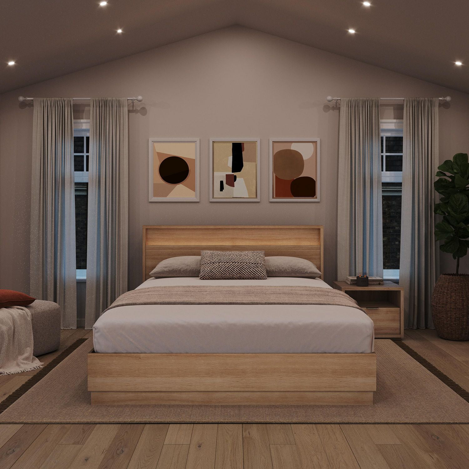 Ensemble de chambre à coucher Harlow 3 pièces avec sommier à lattes, tête de lit avec éclairage intégré et table de chevet