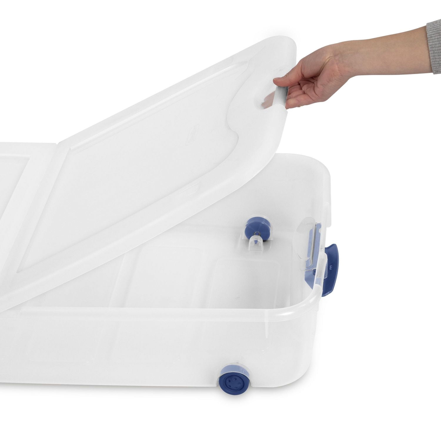 Sterilite Boîte à loquets de 62 L avec roues, boîte de rangement en plastique transparent avec couvercle et loquet bleu