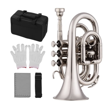 Eccomum Mini Trompette de Poche Sib Plat en Laiton Instrument à Vent avec Embouchure Gants Chiffon de Nettoyage Étui de Transport