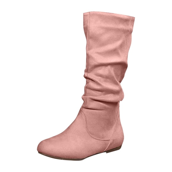 Xfvqtps Womens Slouch Boots Flat Mid Calf Side Zipper Almond Toe Wide Calf Suede Casual Commute Boots Pink