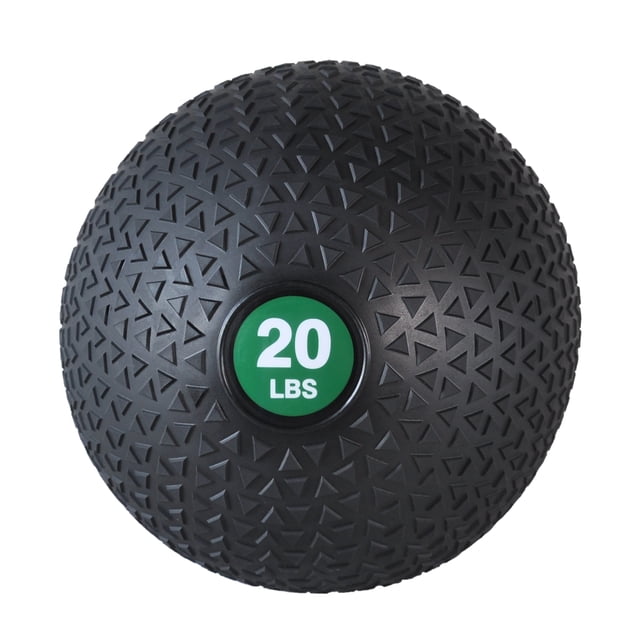 PRISP Weighted Medicine Slam Ball with a 20-pound weight, featuring a black PVC shell with a grooved and textured surface for a secure grip. The ball is filled with iron sand to prevent bouncing and rolling, making it ideal for intense fitness training, core strengthening, and endurance exercises. A green circular label at the center displays the weight in pounds.