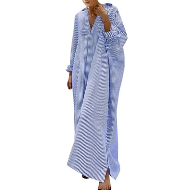 Baberdicy Robes Femmes Robe Chemise à Rayures en Coton et Lin Décontractée Ample Maxi Robes Robes Décontractées pour Femmes Bleu, Taille:P-5TG