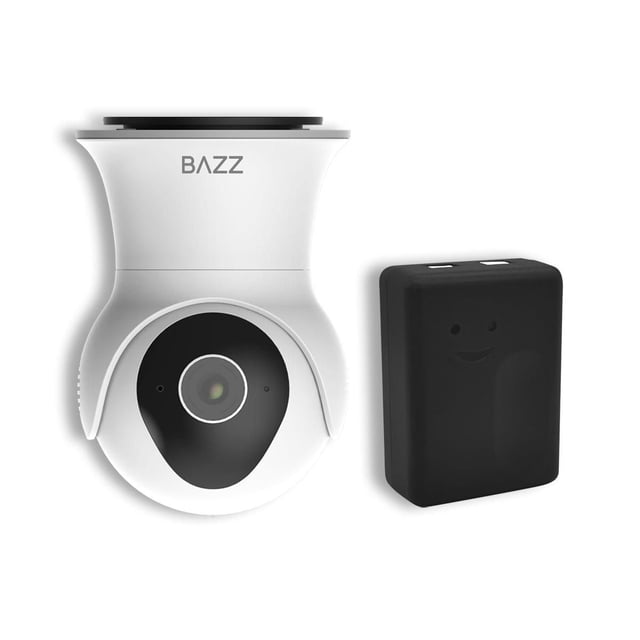 BAZZ Trousse de Sécurité de Garage Wi‐Fi pour Maison Intelligente avec Caméra de Sécurité à Dôme Blanche Comprenant une Zone d'Objectif Noire et le logo BAZZ, Accompagnée d'Un Contrôleur compact de Porte de Garage Noir avec Deux Boutons, Illustré sur Fond Blanc.