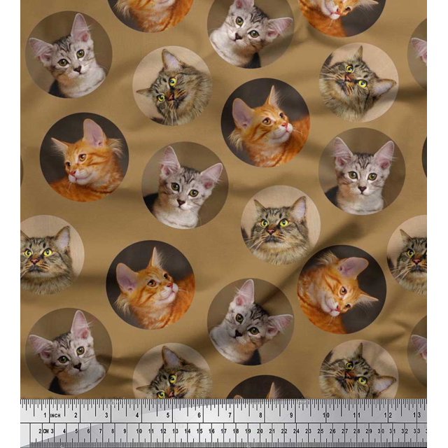 Soimoi Cotton Poplin Fabric Cat Face Animal Decor Fabric Printed Yard 56 Inch Wide