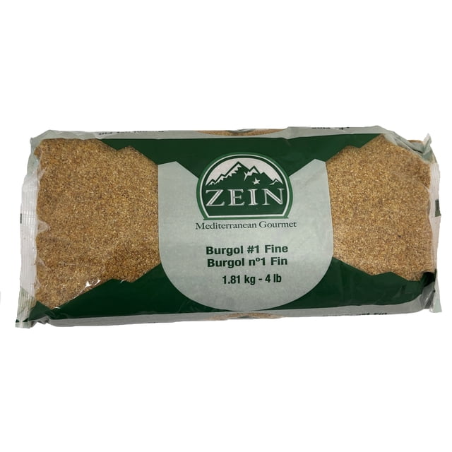 Zein Boulgour Fin 1,81 kg (4 lb) Emballage Contenant des grains de Blé Boulgour à Texture Fine dans un Sac en Plastique Transparent avec Étiquette Gastronomique Méditerranéenne Verte et Blanche, Remarqué pour Sa Haute Teneur en Fibres et Son Usage Culinaire Polyvalent.