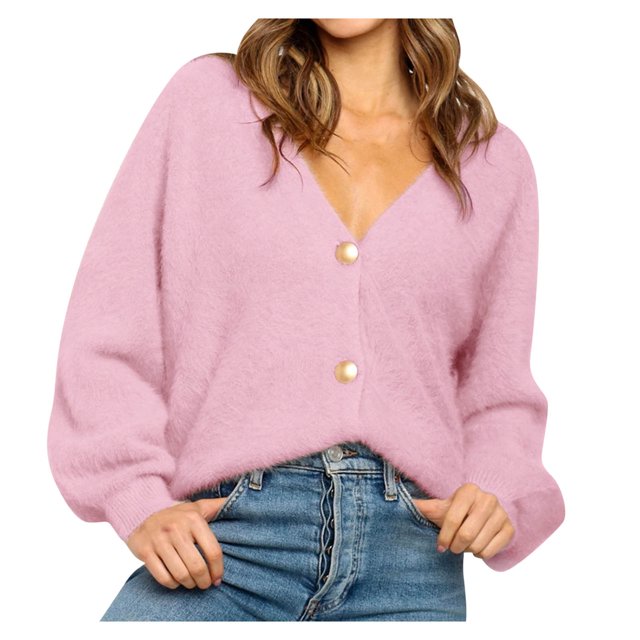 XZNGL Ladies Fashion V-neck Solid Color Button Loose Sweater Outer Sweater