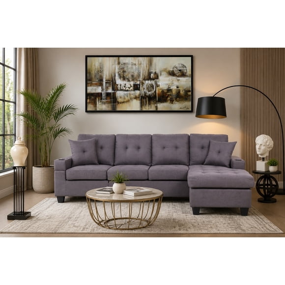 K-Living Newton Reversable Sectional in Grey Fabric with A Wireless Charger and Built-In USB/C Port