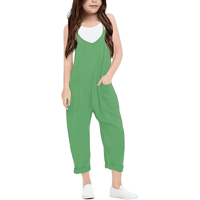 Girls Jumpsuit Solid Jumpsuits Rompers for Girls Sleeveless Rompers with Pockets Clothes for Girls 13-14 Y