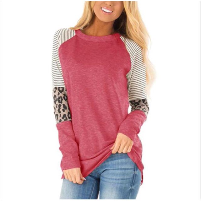 Womens Color Block Long Sleeve Leopard Print Tops Round Neck Striped Loose Casual Shirts Tunic Tops