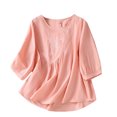 thumbnail image 1 of Timegard Cotton Linen Tops for Women 3/4 Sleeve Round Neck Ruched Embroidery Blouse Casual Loose Tops, 1 of 7