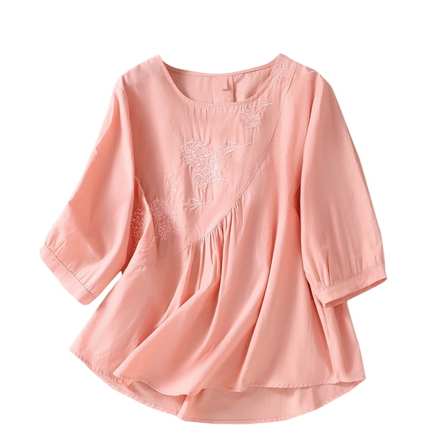 Timegard Cotton Linen Tops for Women 3/4 Sleeve Round Neck Ruched Embroidery Blouse Casual Loose Tops
