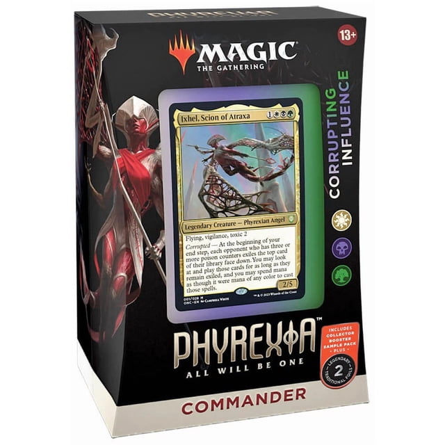 MtG Phyrexia All Will Be One Corrupting Influence Commander Deck featuring Ixhel, Scion of Atraxa card displayed on the packaging. The deck includes 100 synergistic cards with a Phyrexian theme, powerful creatures like Elesh Norn and Sheoldred, and reanimation mechanics. Designed for multiplayer Magic: The Gathering games, it is ready to play out of the box.