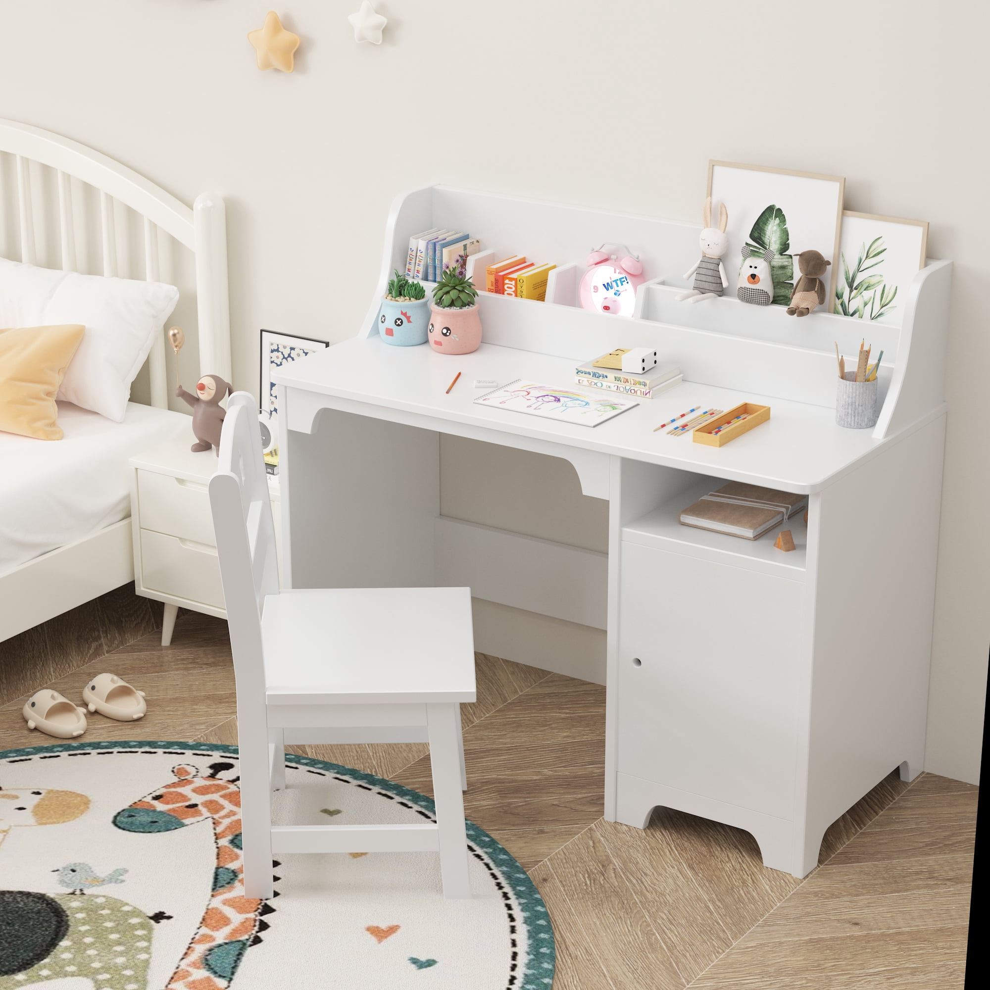 Study Desk and Chair Set with Storage Cabinet, Wooden Writing Table, Computer Workstation for Bedroom or Study Room, White