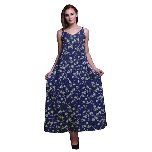 Bimba Rayon Leaves Ladies Printed Backless Spaghetti Strap Long Maxi Evening Party Dress-XX-Large