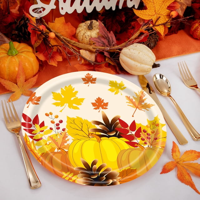 Amzcrzy Paper Tableware Thanksgiving Paper Plates Festive Fall Pumpkin and Maple Leaves Pattern Disposable Tableware for Fall Harvests Party Christmas Decorations Halloween Decorations Fall Decor