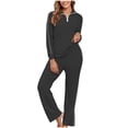 thumbnail image 2 of Knit Loungewear Sets for Women 2pc Pajama Sets Ribbed Knit Quarter Zip Pullover Tops Wide Leg Pants Fall Sweater Outfits Black XXL, 2 of 7