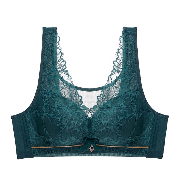 Virmaxy Soutien-Gorge Sans Fil pour Femmes, Soutien-Gorge en Dentelle Fine Sexy, Rassemblé Sans Armature, Confortable, Fixe, Ajustable, Collection Poitrine Coton Vert L