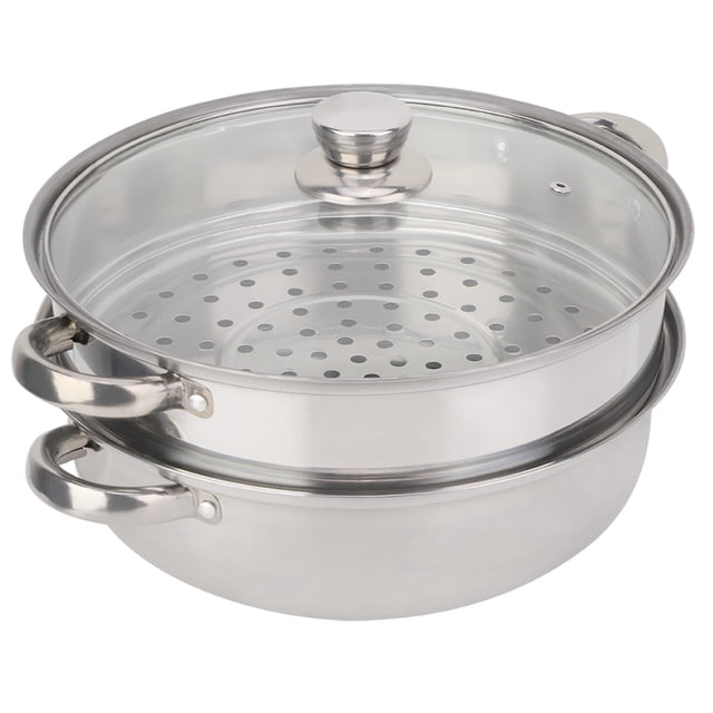 Steamer Pot Steel Steamer 2-Layer Steamer Pot for home, kitchen, hotel, and restaurant use. Made of food-grade stainless steel with a polished finish, featuring a high-quality glass lid for easy food viewing. The two-layer design includes a perforated steaming compartment for quick and even heating. Ergonomic handles provide a secure grip and support up to 15kg. Dimensions: 27 x 27 x 19.5 cm.