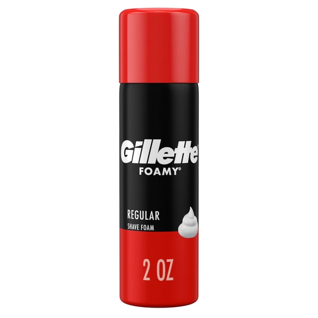 Gillette Foamy Classic Shave Foam for Men Original Scent in a 2 oz black and red can with white text and foam swirl graphic, featuring hydrating emollients and Comfort Glide formula for a smooth, irritation-free shave.