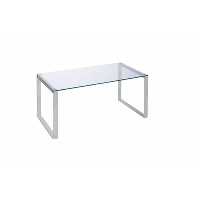 Plata Import, Glass Top Table, Metal Chrome with a rectangular clear glass top supported by chrome metal legs forming open rectangular frames, measuring 16 inches high, 35 inches wide, and 14 inches deep, ideal for living rooms as a modern coffee or accent table, also suitable as a compact workspace or display surface.