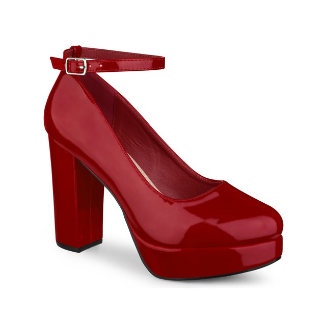 BLISSFUL STEP Women's Block Heel Pumps Platform Ankle Strap Round Toe Heel Red 7