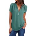 thumbnail image 2 of Hauts Western pour Femmes Été Chemises à Manches Courtes Fermeture Éclair Tunique Décontractée Col en V Blouse à Manches Roulables Hauts Hauts pour Femmes Chic Décontracté en Liquidation, 2 of 6
