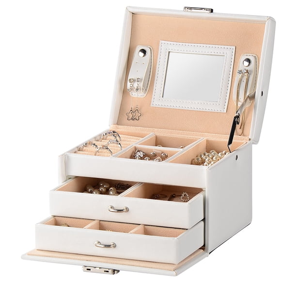 Boîte à Bijoux en Cuir PU à Plusieurs Couches, Étui à Bijoux pour Filles, Organisateur de Rangement Vitrine avec Serrure, Blanc