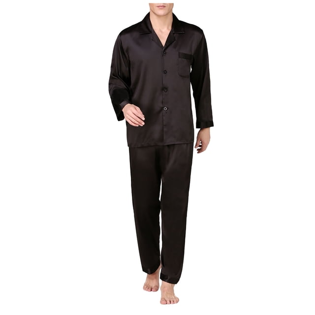 Satin Pajama Set Men Solid Casual Long Sleeve Pajama Trousers With Pockets Button Closure Pajama Set. The set includes a long-sleeve button-up top with a chest pocket and matching trousers, both made of smooth, wrinkle-resistant polyester satin in a solid black color. Designed for comfort and style, the lightweight fabric is breathable and quick-drying, ideal for casual wear, lounging, or sleepwear. The trousers feature pockets for convenience. Suitable for autumn and winter seasons.
